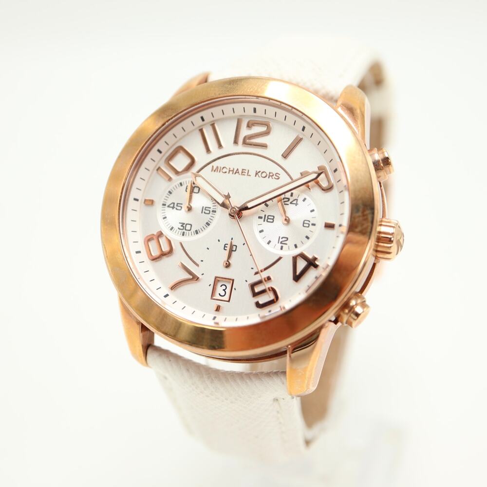 Michael Kors Mercer Chronograph 42mm Watch Rose Gold White Leather w New Battery
